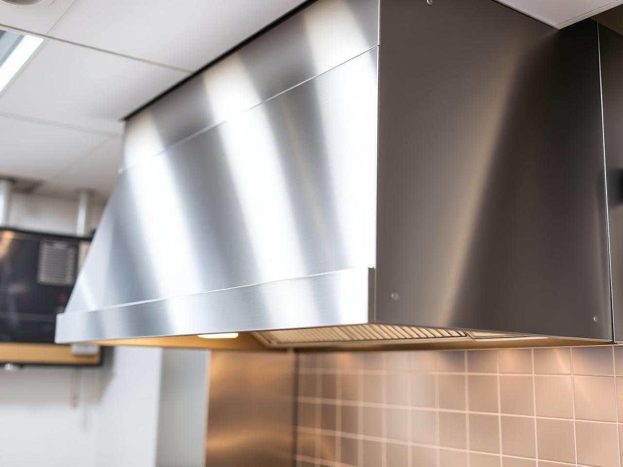 Stainless steel commercial restaurant hood installed in kitchen