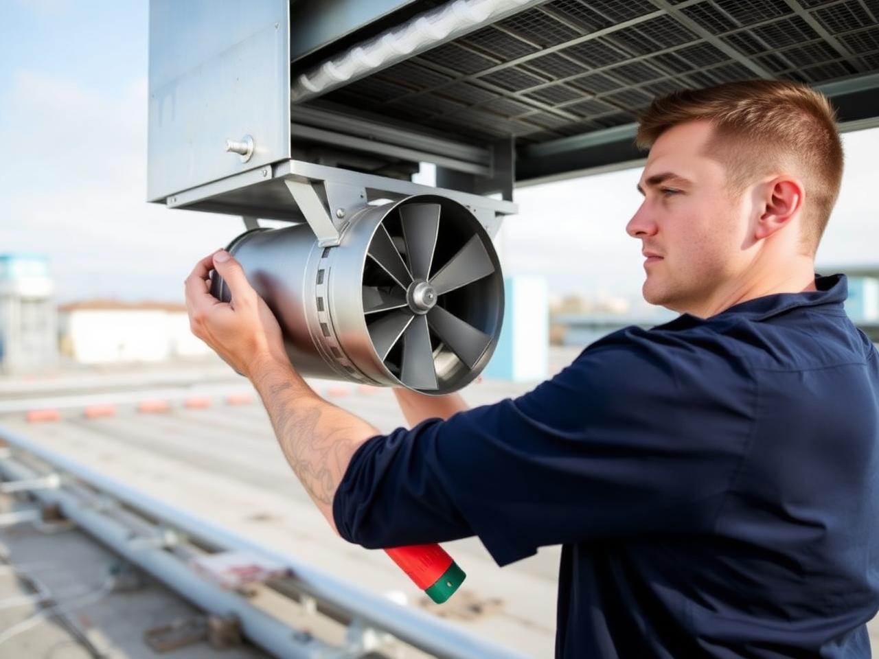 Technician repairing rooftop exhaust fan motor